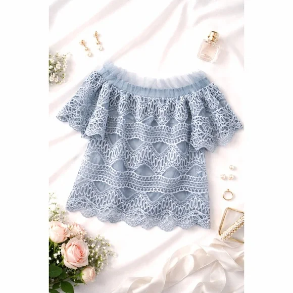 POL Dusty Blue Fully Lined Chiffon & Crochet Detail Ruffle ON/OFF Shoulder Top! - Picture 4 of 5